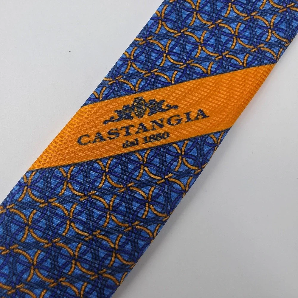 Castangia‎ Silk Geometric Ring Print Necktie Mens Blue Orange Made in Italy